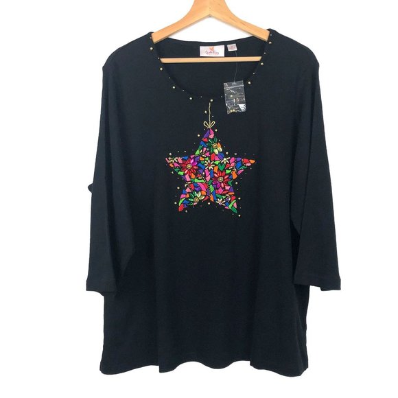Quacker Factory NWOT Embellished Bead Embroidered Colorful Star Black Sweater 1X - Picture 1 of 7